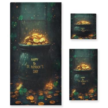 Imagem de Blueangle Conjunto de toalhas decorativas de banheiro com padrão de pote dourado do dia de São Patrício, conjunto de 3 peças com toalha de banho, toalha de mão e toalha de banho (152)