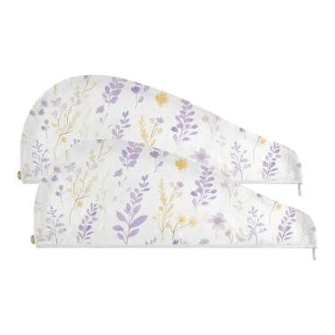 Imagem de SEHANY Toalha de cabelo de microfibra de flores coloridas elegantes para mulheres, 2 peças, turbantes de cabelo de secagem rápida com botão, touca de cabelo seco absorvente toalha de secagem de cabelo