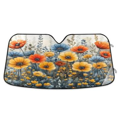 Imagem de ATTX Pára-brisas de carro colorido Wildflowers 139.7 cm x 70.1 cm Protetor solar universal com proteção UV, persiana de janela frontal automática dobrável para caminhões Sedans SUVs #307