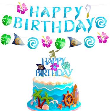 Imagem de Tyotrbs Banner de feliz aniversário Moana, topo de bolo, faixa havaiana de aniversário para decorações de festa de verão tropical Luau