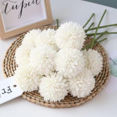 Imagem de Flores artificiais bola de crisântemo buquê de flores 10 peças presente para pessoas importantes moral glorioso para escritório em casa festas de café e casamento (branco leito)