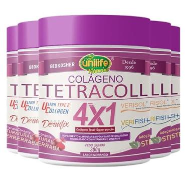 Imagem de Kit 5 Colágeno 4 em 1 Tetracoll Unilife 300g Morango