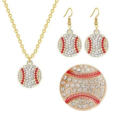 Imagem de Conjunto de 3 pares de brincos de futebol de strass para mulheres e homens delicados pinos de cristal bola americana rugby basquete vôlei beisebol brincos colares conjunto de joias coleção de equipe