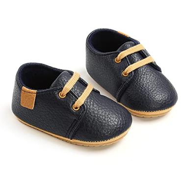 Imagem de QWZban Tênis de couro com cadarço para bebês meninos e meninas com sola de borracha macia mocassins infantis Oxford recém-nascido sola de borracha antiderrapante sapatos de uniforme de casamento para crianças 0-18 meses, D1 Azul escuro, 0-6 Months Infant