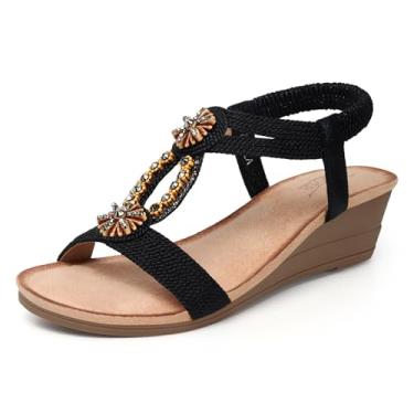 Imagem de SHIBEVER Sandálias de cunha para mulheres 2025: sandálias femininas confortáveis de bico aberto com tira no tornozelo elegantes verão praia caminhada plataforma baixa sapatos, 2782-preto, 35