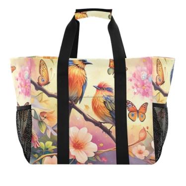 Imagem de Wassud Bolsa de compras reutilizável para dois pássaros com borboletas grande bolsa organizadora de lona impermeável para praia, piquenique, lavanderia, viagem