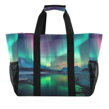 Imagem de Wassud Northern Lights Sacolas de mercearia reutilizáveis grande bolsa organizadora de lona impermeável para praia, piquenique, lavanderia, viagem