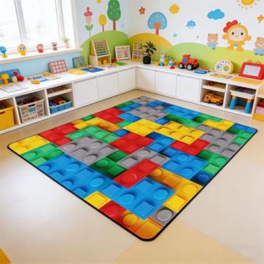 Imagem de Tapete de área de brinquedo colorido 5x7, tapete com padrão de blocos de construção 3D, tapete de tijolos de brinquedo para crianças meninos para sala de estar, tapete decorativo de tijolo divertido gradiente arco-íris antiderrapante lavável, vermelho, amarelo, azul, cinza