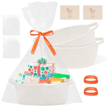 Imagem de Cesta de presente de bebê vazia, cesta de tecido pequena de 28 x 19 x 12,7 cm com sacos e fitas de presente, cesta de armazenamento de corda de algodão com alças, caixas de berçário vazias para encher