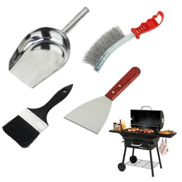 Imagem de Kit de 4 peças de limpeza de cinzas para churrasqueira (durabilidade do material metálico) inclui escova de arame, pá de cinzas, escova de cerdas, pá angular, remove sem esforço a sujeira persistente