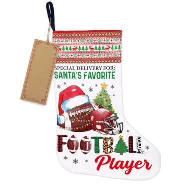 Imagem de Decoração de árvore de Natal para jogador de futebol americano - Entrega especial para presentes de jogador de futebol favorito do Papai Noel, meia de Natal pendurada para lareira escadas de parede
