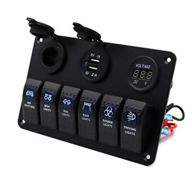 Imagem de MOTONG Interruptor basculante à prova d'água 12V/24V 6 Gang, montagem em painel com soquete USB duplo e soquete de isqueiro e voltímetro de LED para barco marítimo RV caminhão