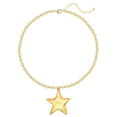 Imagem de loghohu Logohu Colar grande de ouro com pingente de estrela martelada, gargantilha ajustável de corrente grossa vintage, colares modernos para mulheres