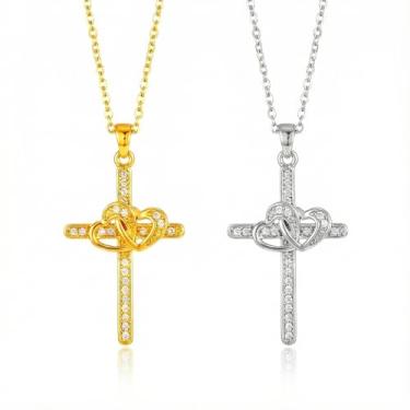 Imagem de Gmai Presentes de aniversário de Dia dos Namorados amizade para casais conjunto de colar de prata dourado 2 estilos pingente de coração cruz e zircão corrente de coração não mancha, joia para ele, sua