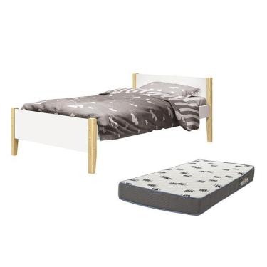 Imagem de Cama Solteiro Simba Branco Fosco Pés Madeira Natural Com Colchão D33 - Reller Móveis Branco Fosco