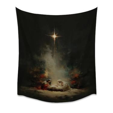 Imagem de Tapeçaria Holy Night Presépio Arte de Parede Cristã Bebê Jesus Maria José Estrela Natal Quarto Decoração de Sala de Estar Arte Religiosa Espiritual Presente Baseado na Fé Branco 70x200 polegadas