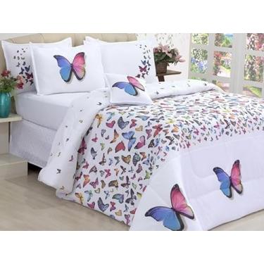 Imagem de Kit Edredom Queen Borboletas 4 Peças Dupla Face com Manta Siliconada - Jogo de Cama Micropercal Toque Macio