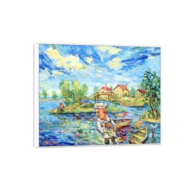 Imagem de BMZFYBS David Burliuk Famosas impressões em tela de arte de parede prontas para pendurar. Pescadores e barcos. Pintura com moldura branca para decoração de sala de estar 40 x 50 cm 16 x 20 pol