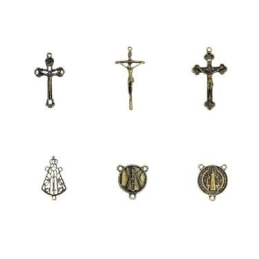 Imagem de Kit 6 Pingentes Ouro Velho Crucifixo e Entremeio para Montagem de Terço Tamanhos e Modelos Variados