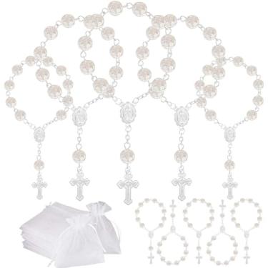 Imagem de Conjunto de 10 mini rosários de lembrancinhas de festa de batismo com bolsas de organza para batizado, casamentos, lembrancinhas de festa de primeira comunhão (rosa prateada)