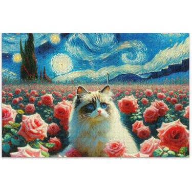 Imagem de Quebra-cabeça de gato rosa noite estrelada com gatinho fofo personalizado 500 peças para adultos decoração de arte pintura Prime Puzzles jogo quebra-cabeças, 51 x 35 centímetros