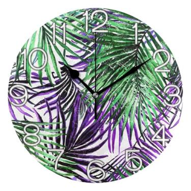 Imagem de GAIGEO Relógio de parede decorativo analógico para sala de aula relógio de escritório moderno alimentado por bateria, decoração de parede de sala de estar moderna, folhas de palmeira roxas verdes, 25