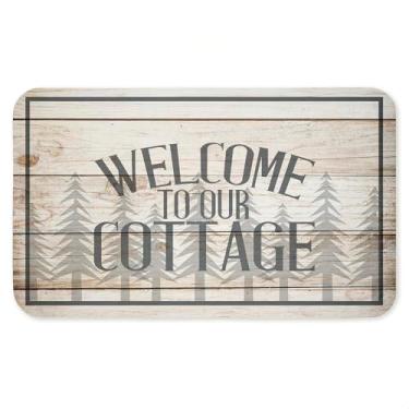 Imagem de Tapete antifadiga rústico Welcome Cottage Trees Antifadiga, tapete ergonômico acolchoado para cozinha e pé com suporte antiderrapante, tapete de conforto ecológico, design por Kim Allen, 76 cm x 45 cm