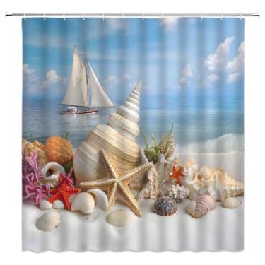 Imagem de Cortina de chuveiro Ocean Beach com concha estrela do mar e veleiro litoral náutico subaquático mar tropical animal natureza cenário decoração banheiro cortinas de poliéster com ganchos, 70Lx70L