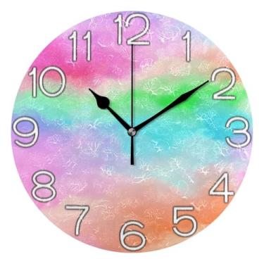 Imagem de Relógio de parede analógico decorativo operado por bateria relógio de cozinha rústico, decoração de parede de casa de fazenda moderna abstrato colorido arco-íris nuvem, 25 cm, ponteiros dourados