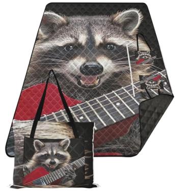 Imagem de TSENQUE Cobertor de praia impermeável à prova de areia de guitarra elétrica guaxinim, tapetes florais para acampamento, cobertor de piquenique fofo, dobrável, 203 cm x 152 cm