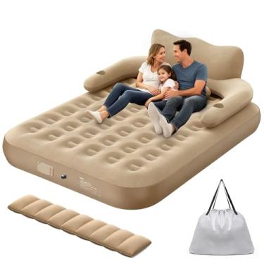 Imagem de Trailabo Colchão Inflável com Encosto e Travesseiro, Bomba de ar Elétrica Recarregável Embutida - Marrom (Queen Size)