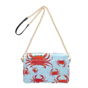 Imagem de Joitme Bolsa feminina tiracolo com estampa de caranguejos vermelhos azul claro bolsa para celular linda bolsa de ombro de couro sintético alça de corrente