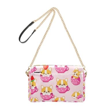 Imagem de Joitme Bolsa feminina transversal para celular, fofa, de desenho animado, cachorrinhos, morangos, bolsa de ombro de couro sintético com alça de corrente
