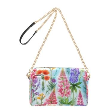 Imagem de Bolsa feminina transversal bolsa para celular bolsa de ombro de couro PU alça de corrente flores silvestres rosa tremoços coloridos
