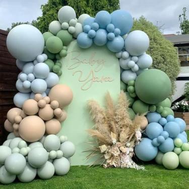 Imagem de Dusty Blue Sage Green Balloons Garland Arch Kit, 117 Pcs Double Stuffed Fog Blue Light Blue Green Sand White Balloons for Baby Shower Bridal Shower Birthday Wedding Anniversary Ocean Party Decorations