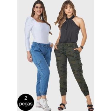 Imagem de Kit 2 Calças Jogger HNO Jeans Bolso Lateral Camuflada e Azul Claro-Feminino