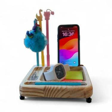 Imagem de Organizador de Mesa Iluminado em Madeira - Porta Canetas, Celular e Rascunhos – Prático, Funcional e Ideal para o Dia a Dia