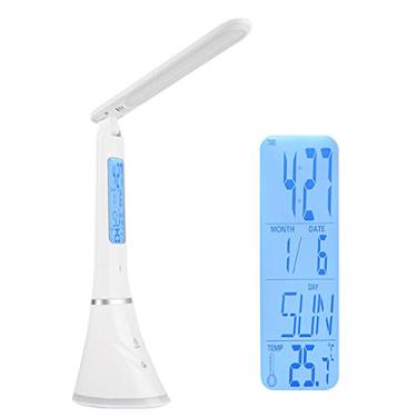 Imagem de Lâmpada de Mesa LED Plegável com Controle USB Recarregável Luz Leitura Regulável Relógio Despertador Calendário Tela Display LCD Temperatura
