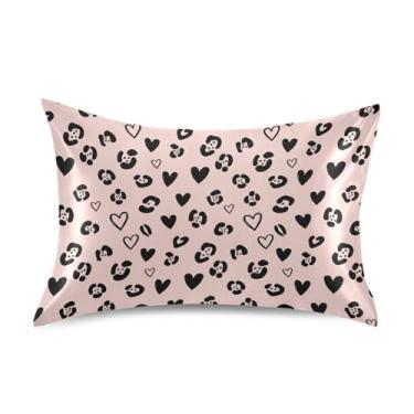 Imagem de Wassud Fronha de cetim de leopardo com corações para cabelo e pele, fronhas de seda lisa, tamanho queen, respirável, com fecho de envelope