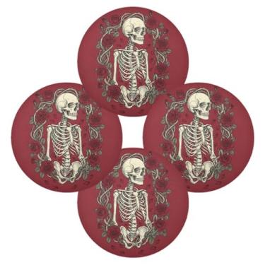 Imagem de Wassud Jogo americano conjunto de 4 tapetes de mesa redondos rosados esqueleto para cozinha e jantar tapetes laváveis resistentes ao calor decoração de mesa 39 cm