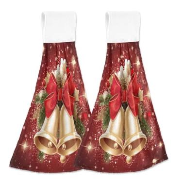 Imagem de Blueangle 2 peças de toalhas de gravata penduradas com sinos de Natal toalha de mão de cozinha absorvente de veludo coral macio pano de pano para cozinha e banheiro (297)