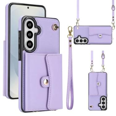 Imagem de Capa carteira para Samsung Galaxy S26 com compartimentos para cartões e proteção RFID, capa fólio de couro fina com alça de pulso, suporte e proteção total contra quedas para mulheres e homens (roxa)
