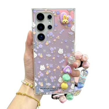 Imagem de GO-VOLMON Capa com alça floral a laser para Samsung Galaxy S24/S25 Plus design de flores estéticas, capa feminina fofa para pulseira Samsung Kawaii, elegante à prova de choque, capa feminina brilhante
