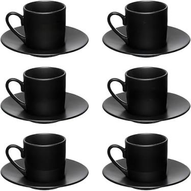 Imagem de Jogo 12 Peças: 6 Xícaras + 6 Pires de Porcelana Manhattan 80ML - Ideal para Café Expresso e Chá, Elegantes para Residência e Bares (Preta)