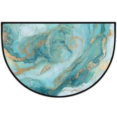 Imagem de Tapete de porta meio redondo de mármore turquesa 61 x 91 cm, tapetes de boas-vindas para porta da frente, tapete de área lavável antiderrapante tapete decorativo para interior e exterior, entrada de cozinha, perfil baixo