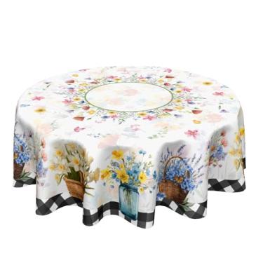 Imagem de Ancordivo Toalha de mesa redonda floral de primavera, 152 cm, vaso de flores de verão, buffalo, xadrez, círculo, toalha de mesa, férias sazonais, rústica, para festa, cozinha, jantar, decoração de
