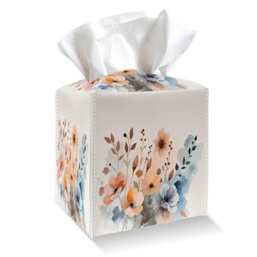 Imagem de Suporte de capa de caixa de lenços - Capa de caixa de lenços de couro PU floral de papoula aquarela com cinto inferior, organizador de papel facial quadrado para mesa, banheiro, cozinha, carro e