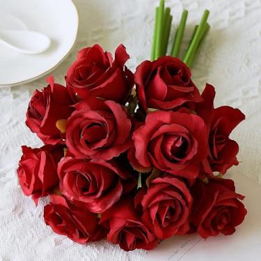 Imagem de Jasion Flores Artificiais Arranjo de 12 Cabeças Buquê de Seda para Festas em Casa Mesa Centro de Mesa Decoração de Casamento Sem Vaso (Vermelho)