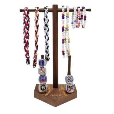 Imagem de XOMIUHL Basebol e softbol - Suporte de torre de joias de madeira temático: organizador de colar de gotejamento, anel de campeonato e exibição de pulseiras. Presentes esportivos ideais para meninos e