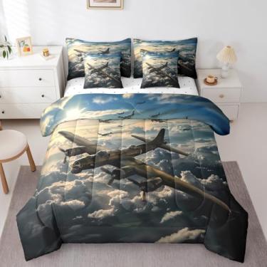 Imagem de Erosebridal Jogo de cama casal de avião militar, conjunto de edredom com lençol de cima, para crianças, meninos, homens, 7 peças com lençol de cima + lençol de cima, fronhas, fronhas